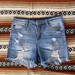 Distressed denim shorts